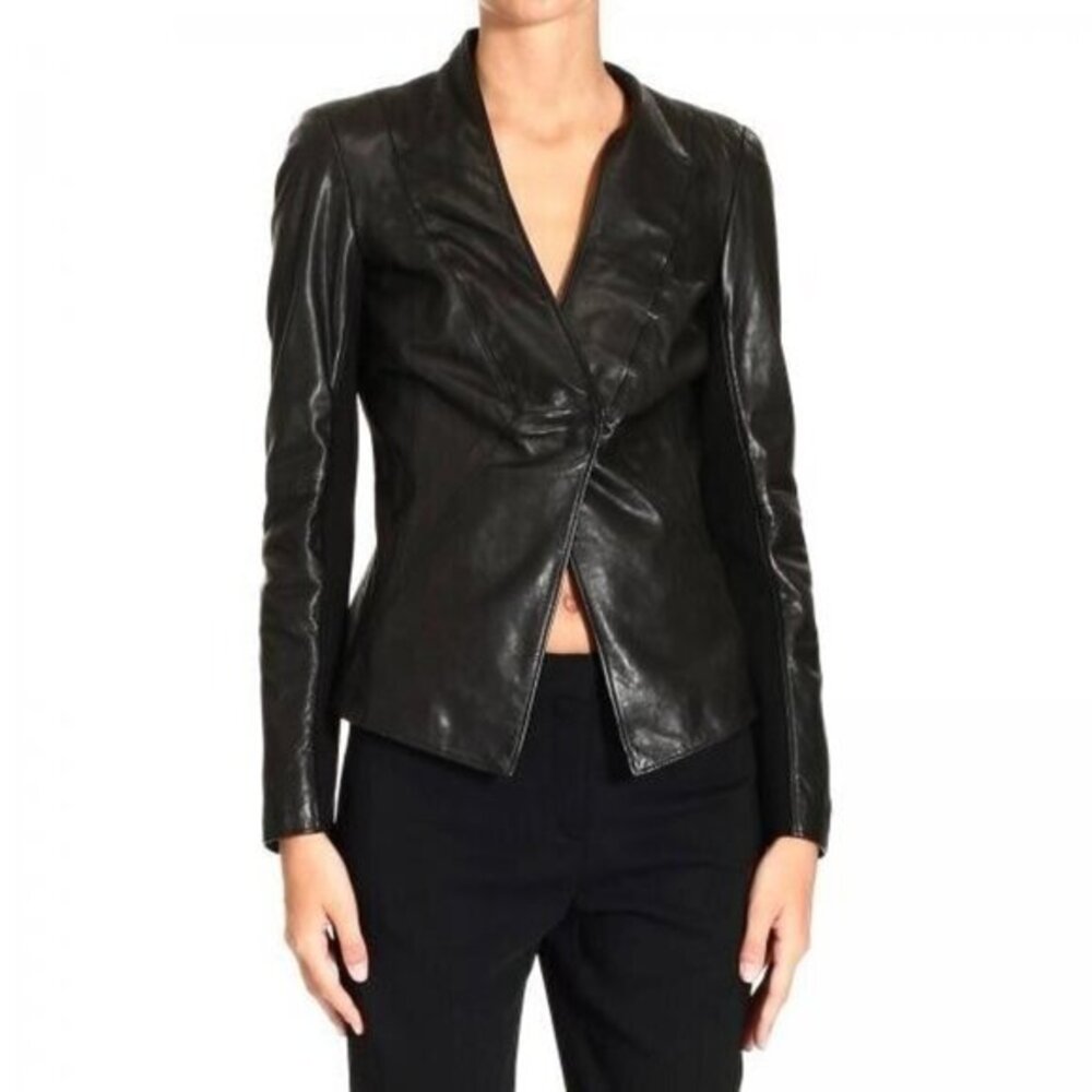 Emporio Armani Ladies Brown Leather Blazer Jacket SZ 40 IT Retail $1,029 New